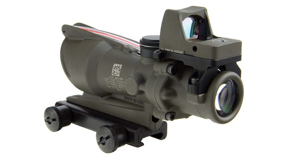 Trijicon 4x32 ACOG Rifle Scope, Dual Illuminated Red Chevron .223 Reticle w/ Colt Knob Thumbscrew Mount &amp; LED 3.25 MOA Red Dot RMR Type 2, Cerakote OD Green, 100569