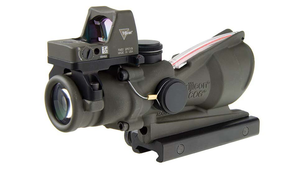 Trijicon 4x32 ACOG Rifle Scope, Dual Illuminated Red Chevron .223 Reticle w/ Colt Knob Thumbscrew Mount &amp; LED 3.25 MOA Red Dot RMR Type 2, Cerakote OD Green, 100569