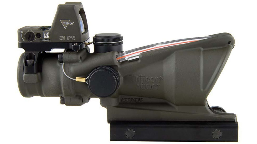 Trijicon 4x32 ACOG Rifle Scope, Dual Illuminated Red Chevron .223 Reticle w/ Colt Knob Thumbscrew Mount &amp; LED 3.25 MOA Red Dot RMR Type 2, Cerakote OD Green, 100569