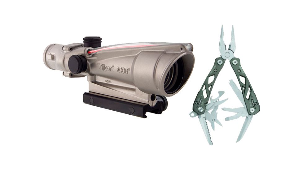 Trijicon ACOG 3.5x35 Nickel Boron Dual Illum. Red Chevron .223 Ball. Reticle w/ TA51 Mount TA11-C-100200 w/ Gerber Suspension Multi-Plier w/ Open Frame Design 1473