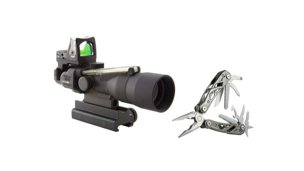 Trijicon ACOG 3x30 Scope, Dual Illuminated Green Chevron.223 Ballistic Reticle, 9.0 MOA Green RMR Sight &amp; Gerber Suspension Multi-Plier 1471, BOX