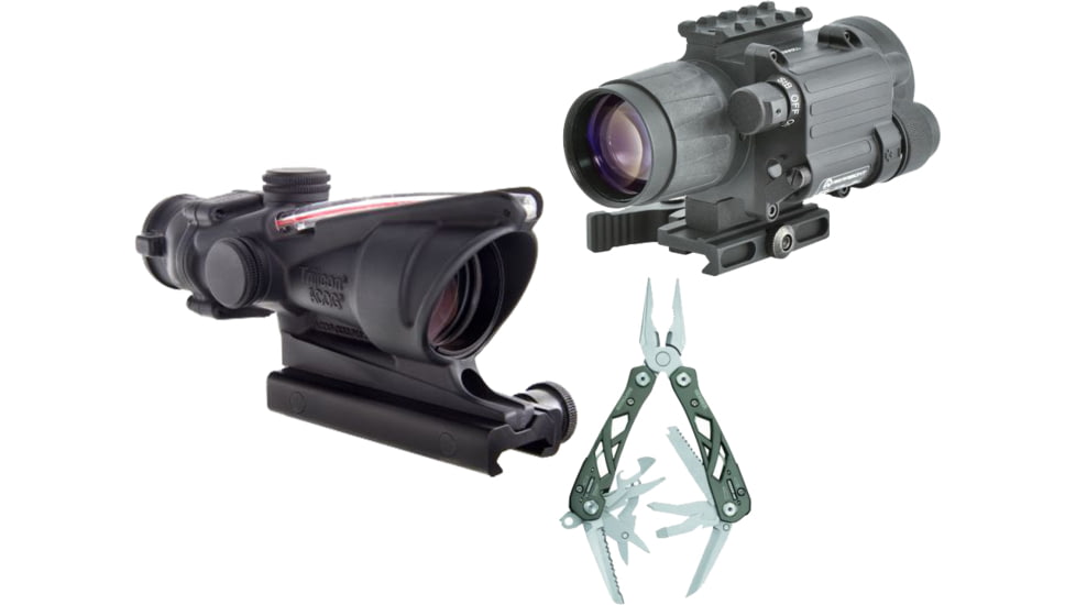 Trijicon ACOG 4x32 Dual Ill Rifle Scope w/Mount, Red Horseshoe .223 Reticle with Armasight Gen 2+ Day/Night Vision Clip-On System and FREE Gerber Suspension Multi-Plier