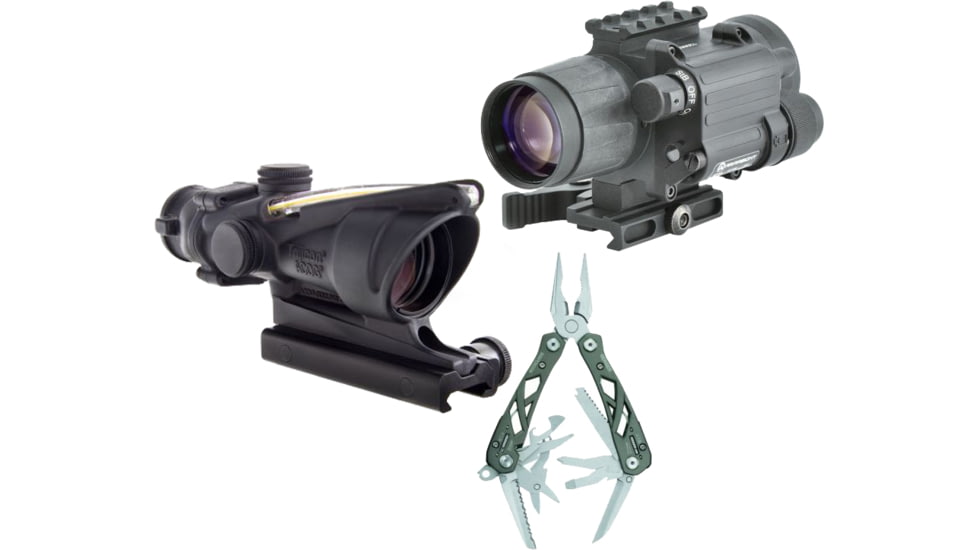 Trijicon ACOG 4x32 Illuminated Rifle Scope, Amber Chevron BAC Reticle, Flattop TA51 Mount with Armasight Gen 2+ Day/Night Vision Clip-On System and FREE Gerber Suspension Multi-Plier