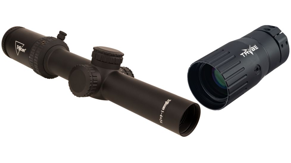 Trijicon Credo CR424 1-4x24mm Rifle Scope, 30 mm Tube, Second Focal Plane, Black, Green MRAD Ranging Reticle, Mil Rad Adjustment, w/ TRYBE Optics Enhancer, CR424-C-2900012-KIT1
