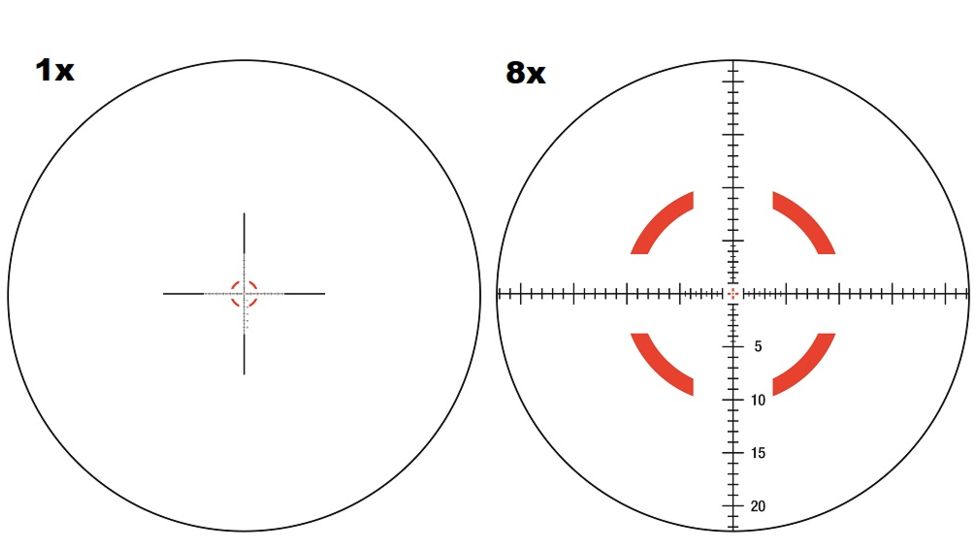 Trijicon VCOG VC18 1-8x28mm Rifle Scope, 34 mm Tube, First Focal Plane, Black, Red MRAD Crosshair Dot w/ Segmented Circle Reticle, Mil Rad Adjustment, 2400003