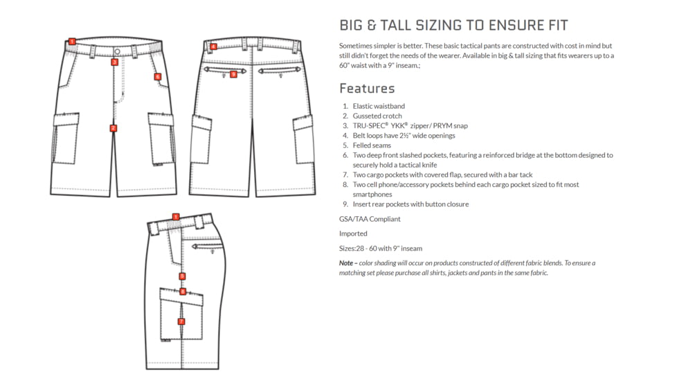 Tru-Spec Mens TRU Simple Tactical Shorts - Mens, Polyester/Cotton Rip-Stop w/ Cargo Pockets, Olive Drab, 60, 4278018