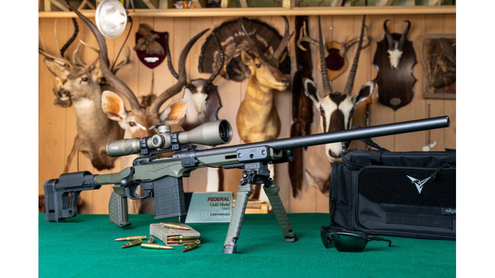 TRYBE Defense Savage Model 10 Short Action Chassis System, TRYBE Optics 6-24x50mm Rifle Scope, TRYBE Optics Rangefinder