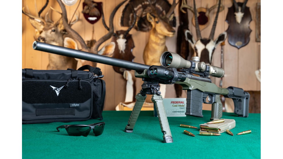 TRYBE Defense Savage Model 10 Short Action Chassis System, TRYBE Optics 6-24x50mm Rifle Scope, TRYBE Optics Rangefinder