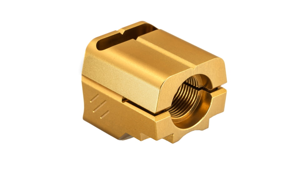 TRYBE Defense Universal Single Port 9mm Compensator, Full Size Firearms, Gold, TRBDSPUNI9MMFS-GLD