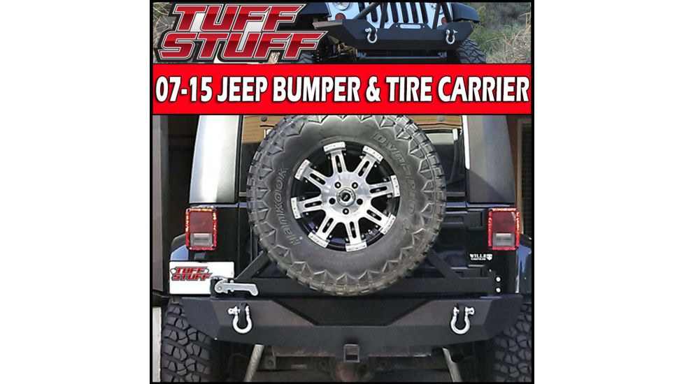 Tuff Stuff Overland Rear Bumper &amp; Tire Carrier Swing for 07-18 Jeep Wrangler JK w/ D-Rings, Matte, Black, NSN N, TS-RBTC-JK