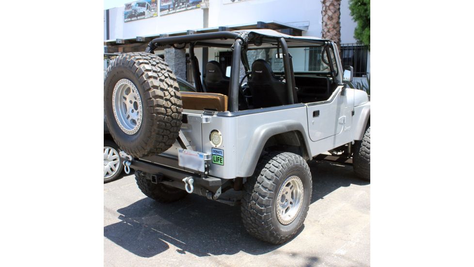 Tuff Stuff Overland Rear Bumper &amp; Tire Carrier Swing for 87-06 Jeep Wrangler YJ/TJ w/ D-Rings, Matte, Black, NSN N, TS-RBTC-8706