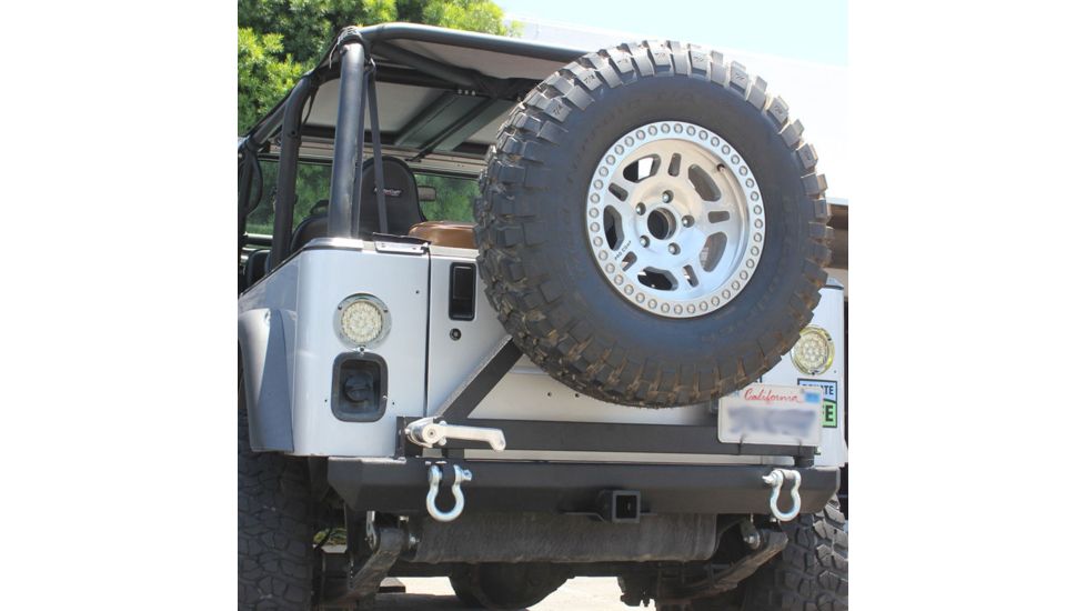 Tuff Stuff Overland Rear Bumper &amp; Tire Carrier Swing for 87-06 Jeep Wrangler YJ/TJ w/ D-Rings, Matte, Black, NSN N, TS-RBTC-8706