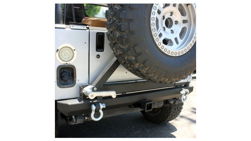 Tuff Stuff Overland Rear Bumper &amp; Tire Carrier Swing for 87-06 Jeep Wrangler YJ/TJ w/ D-Rings, Matte, Black, NSN N, TS-RBTC-8706