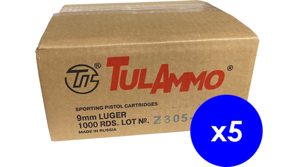 TulAmmo Ammunition, 9mm Luger, 115 Grain, FMJ, Steel Case, Centerfire Pistol Ammo, 5000 Rounds Case, TA919150-CS-KIT7