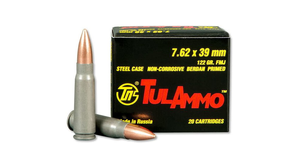 TulAmmo 7.62x39mm, 122 Grain, Full Metal Jacket FMJ, Steel Cased, BERDAN, Non-corrosive Centerfire Rifle Ammo, 20 Rounds, UL076201