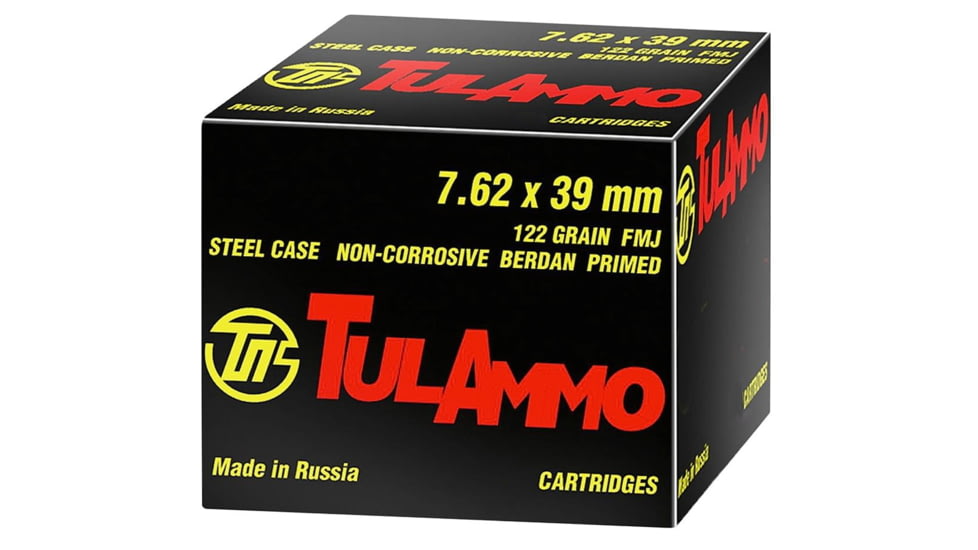 TulAmmo 7.62x39mm, 122 Grain, Full Metal Jacket FMJ, Steel Cased, BERDAN, Non-corrosive Centerfire Rifle Ammo, 20 Rounds, UL076201