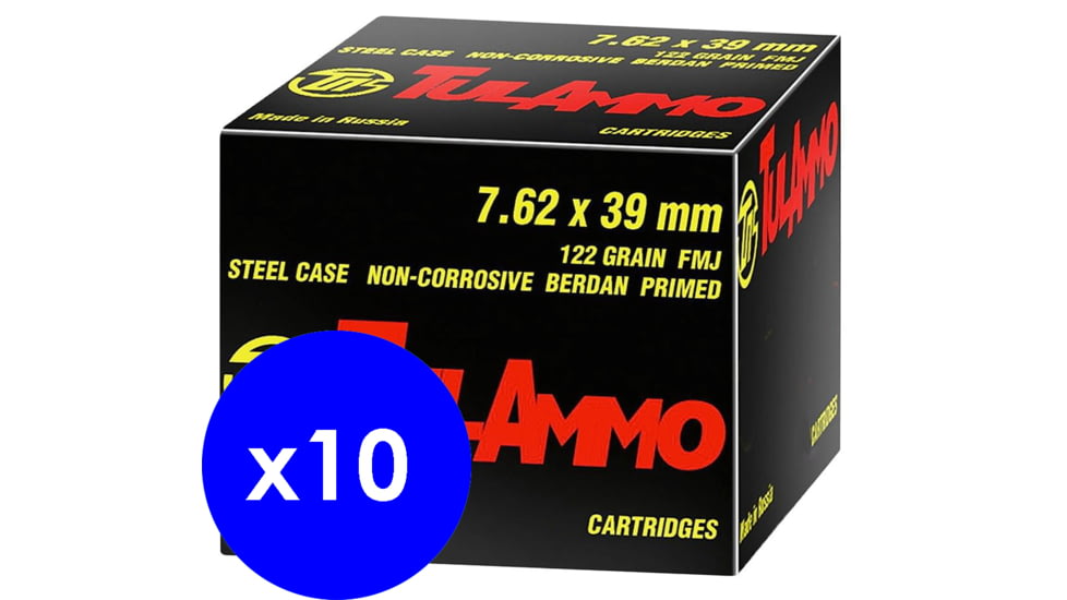 TulAmmo 7.62x39mm, 122 Grain, Full Metal Jacket FMJ, Steel Cased, BERDAN, Non-corrosive Centerfire Rifle Ammo, 200 Rounds, UL076201