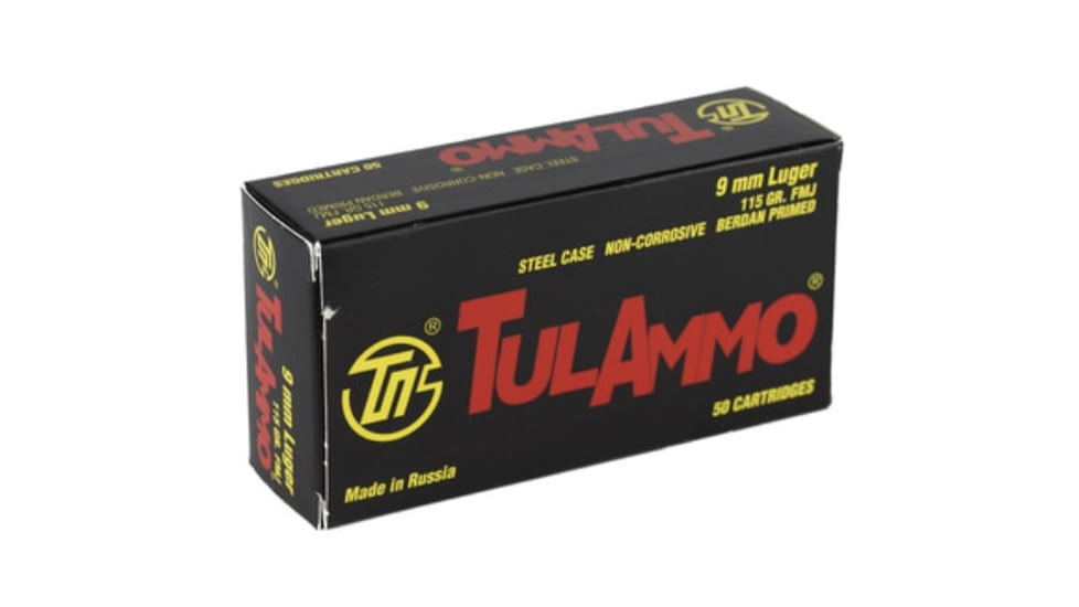 TulAmmo Ammunition, 9mm Luger, 115 Grain, FMJ, Steel Case, Centerfire Pistol Ammo, 50 Rounds Box, TA919150