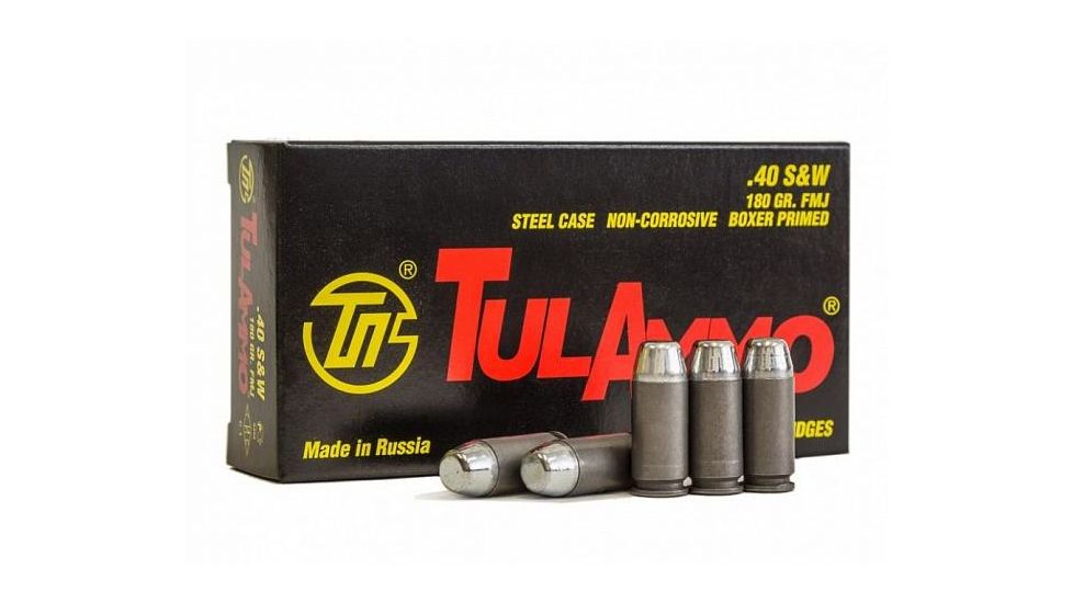 TulAmmo Ammunition, .40 S&amp;W, 180 Grain, Full Metal Jacket, Steel Case, 50-Rounds, TA401800
