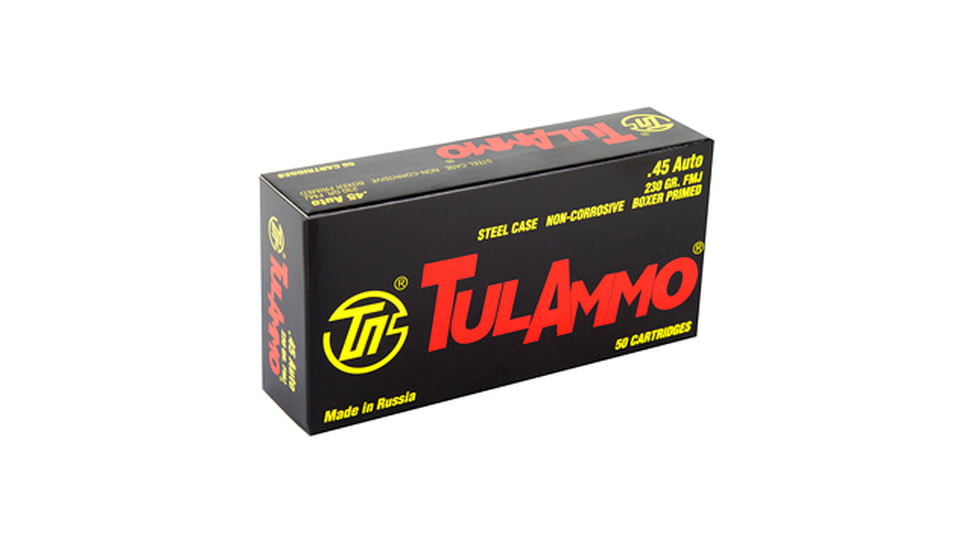 TulAmmo Ammunition, .45 Auto, 230 Grain, Full Metal Jacket, Steel Case, 50-Rounds, TA452300