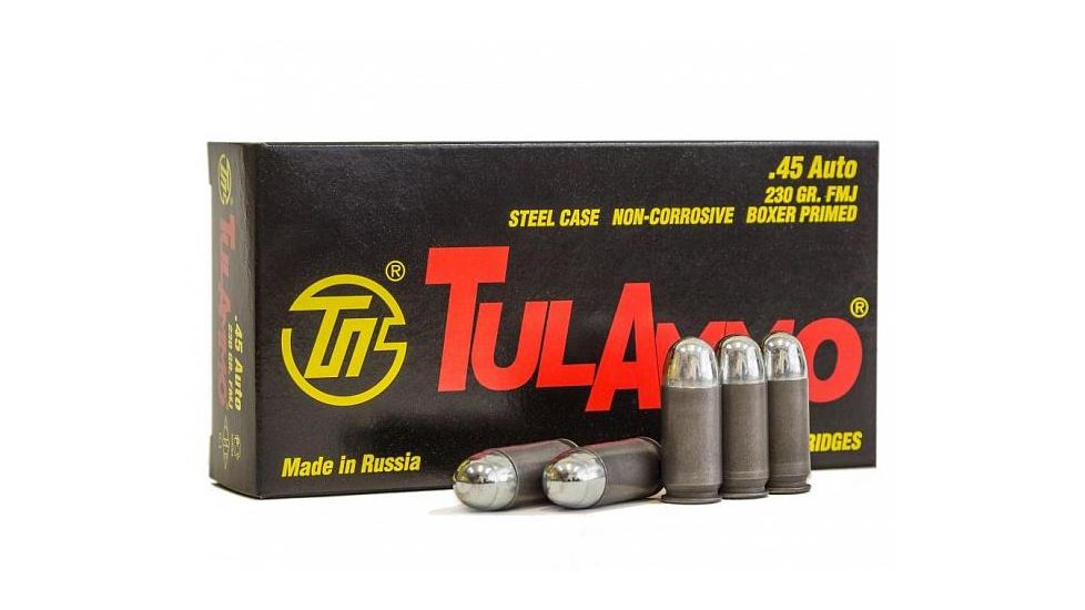 TulAmmo Ammunition, .45 Auto, 230 Grain, Full Metal Jacket, Steel Case, 50-Rounds, TA452300