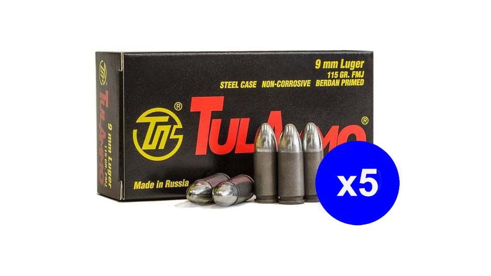 TulAmmo Ammunition, 9mm Luger, 115 Grain, FMJ, Steel Case, Centerfire Pistol Ammo, 50 Rounds Box, TA919150