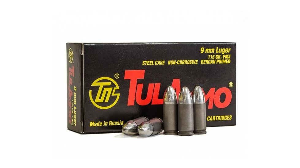 TulAmmo Ammunition, 9mm Luger, 115 Grain, FMJ, Steel Case, Centerfire Pistol Ammo, 50 Rounds Box, TA919150