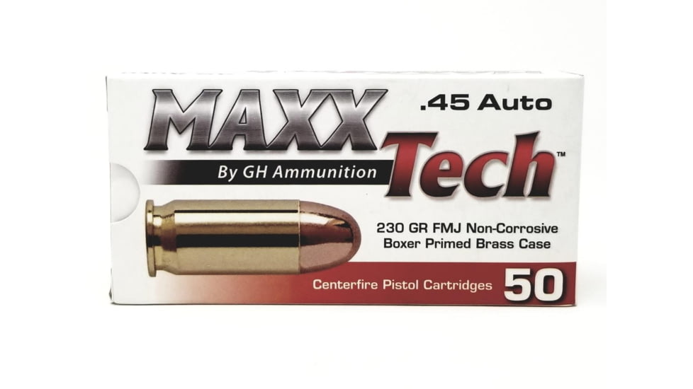 MAXXTECH .45 ACP, 230 Grain, Full Metal Jacket Brass Cased Centerfire, Pistol Ammo, 50 Rounds, PTGB45B-50RD