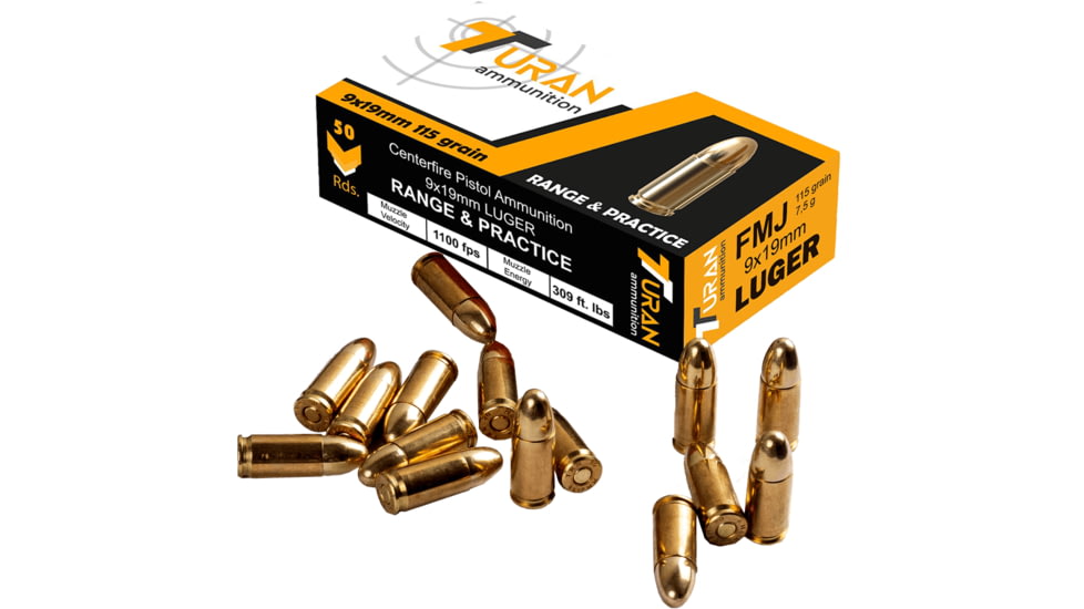 Turan 9mm Luger 115 Grain Full Metal Jacket FMJ Brass Cased Pistol Ammo, 50 Round, 860005843251