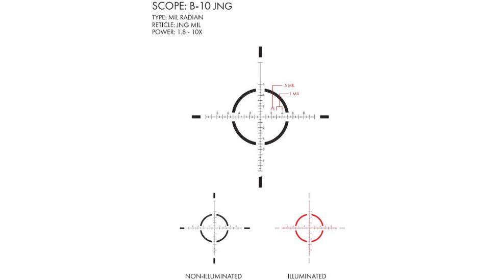 U.S. Optics B-10 JNG MIL 1.8-10x40 mm Rifle Scope, 34 mm, Medium, Matte Black, B-10 JNG MIL
