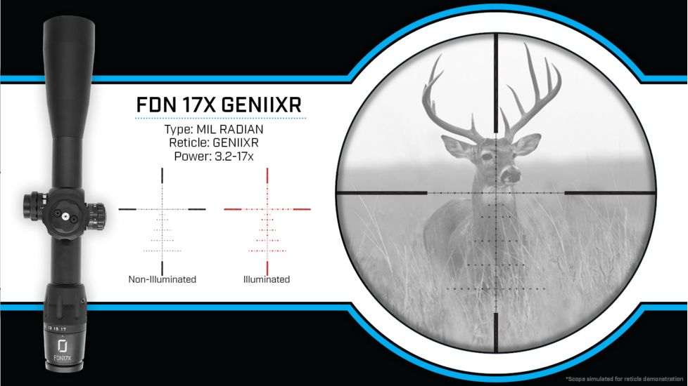 U.S. Optics FDN-17X Rifle Scope, 3.2-17x50mm, 34mm Tube, FFP, GEN II XR Reticle, 1/10 MIL Elevation/ Windage Adjustment, Black, Medium, FDN 17X GENIIXR
