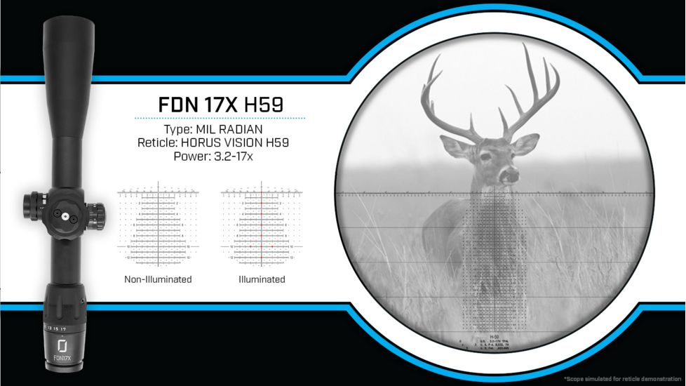 U.S. Optics FDN-17X Rifle Scope, 3.2-17x50mm, 34mm Tube, FFP, HORUS H59 Reticle, 1/10 MIL Elevation/ Windage Adjustment, Black, Medium, FDN 17X H59