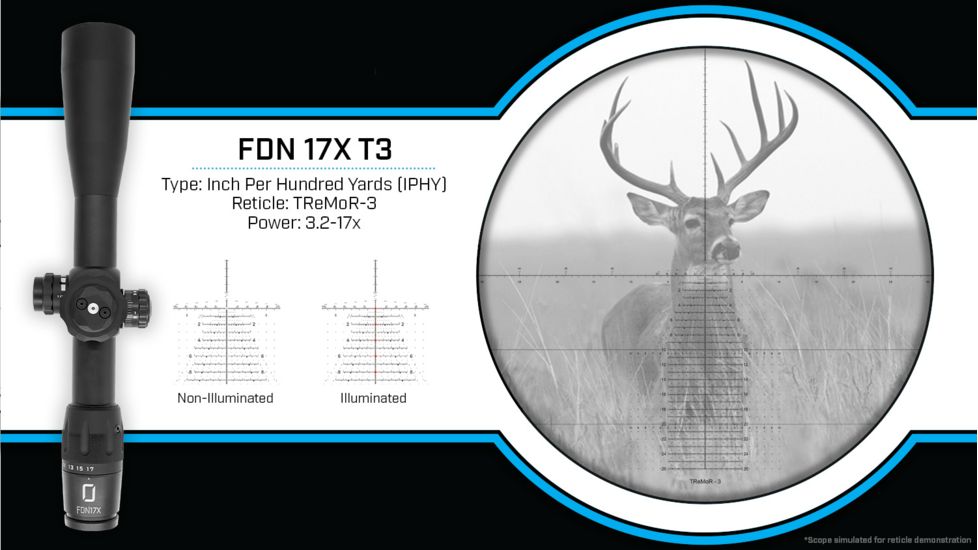 U.S. Optics FDN-17X Rifle Scope, 3.2-17x50mm, 34mm Tube, FFP, HORUS T-3 Reticle, 1/10 MIL Elevation/ Windage Adjustment, Black, Medium, FDN 17X T-3
