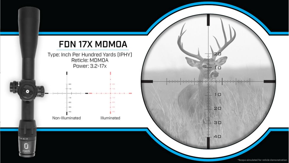 U.S. Optics FDN-17X Rifle Scope, 3.2-17x50mm, 34mm Tube, FFP, MDMOA Reticle, 1/4 IPHY Elevation/ Windage Adjustment, Black, Medium, FDN 17X MDMOA