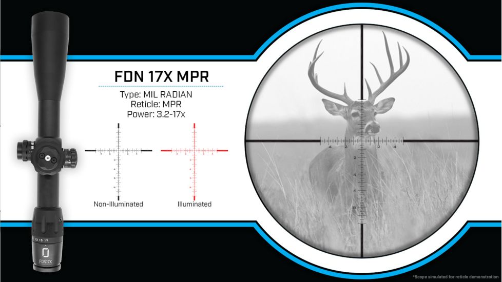 U.S. Optics FDN-17X Rifle Scope, 3.2-17x50mm, 34mm Tube, FFP, MPR Reticle, 1/10 MIL Elevation/ Windage Adjustment, Black, Medium, FDN 17X MPR