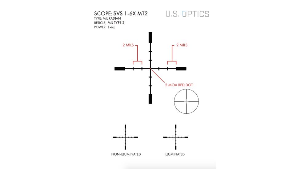 U.S. Optics SVS 1-6x24mm Rifle Scope, 34mm, Digital SFP 2 MOA Red Dot, SFP MIL Type 2 Reticle, M4, Medium, Matte Black, SVS 1-6 MT2 M4 DLOC