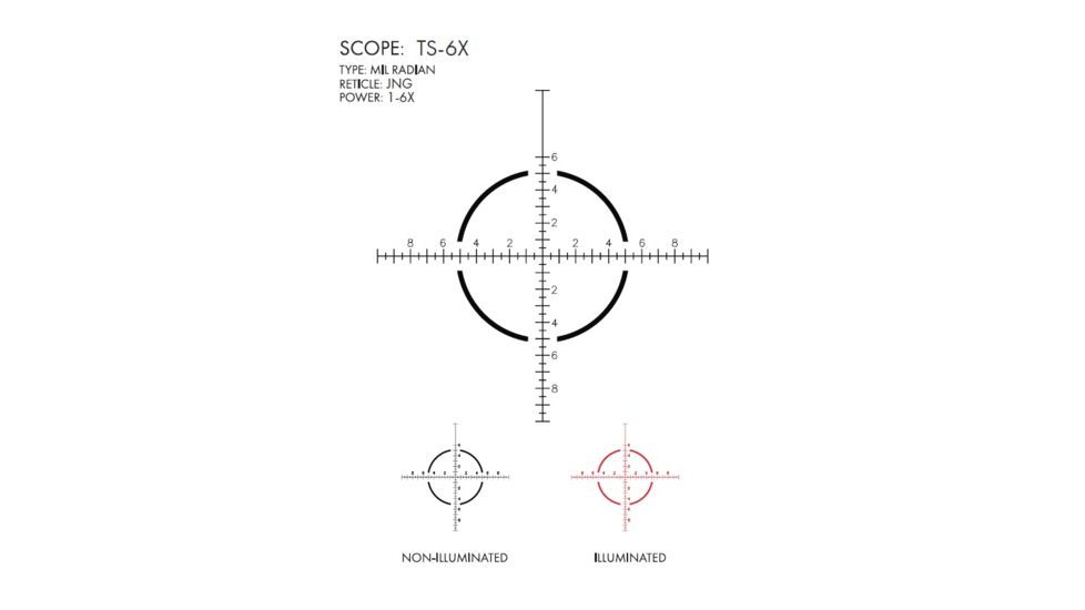 U.S. Optics TS-6X Rifle Scope, 1-6x24mm, 30mm Tube, First Focal Plane, Digital Red Illuminated JNG MIL Reticle, Matte Black, TS-6X JNG MIL