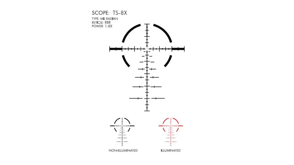 U.S. Optics TS-8X Rifle Scope, 1-8x24mm, 30mm Tube, First Focal Plane, Digital Red Illuminated RBR Reticle, Matte Black, TS-8X RBR