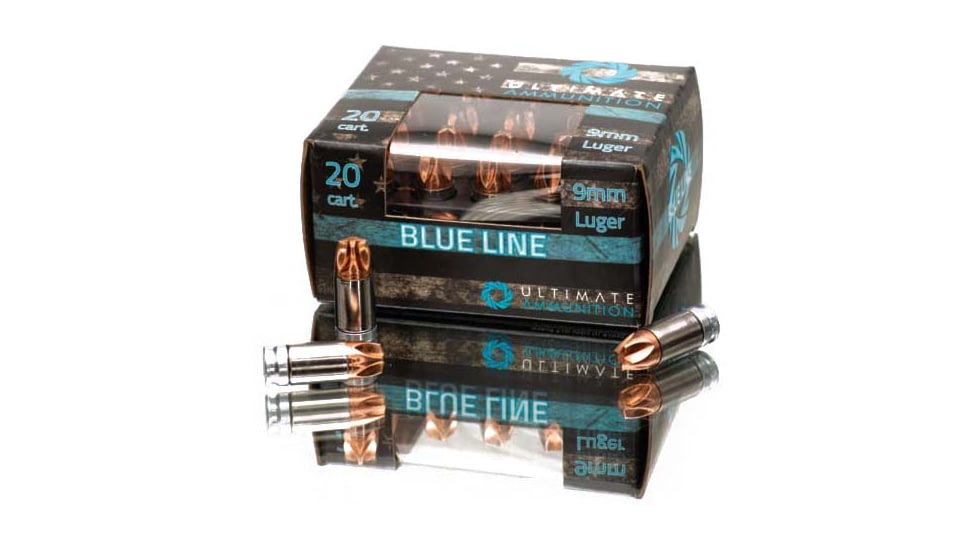 ULTIMATE AMMUNITION Blue Line 9mm 90 Grain Fluid Transfer Monolithic Extreme Defense Nickel Plated Steel Alloy Pistol Ammo, 20 Rounds, 4023