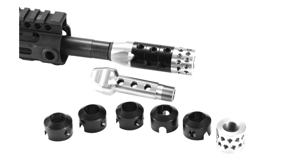 UM Tactical R.A.G.E. Total Compensation System Muzzle Brake, 9mm Luger, 1/2x36, Right Hand Ports, Silver, TCS-9-36-SIL-RH