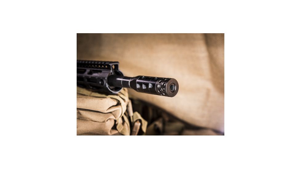 UM Tactical R.A.G.E. Total Compensation System Muzzle Brake, 9mm Luger, 1/2x28, Right Hand Ports, Black, TCS-9-28-BLK-RH