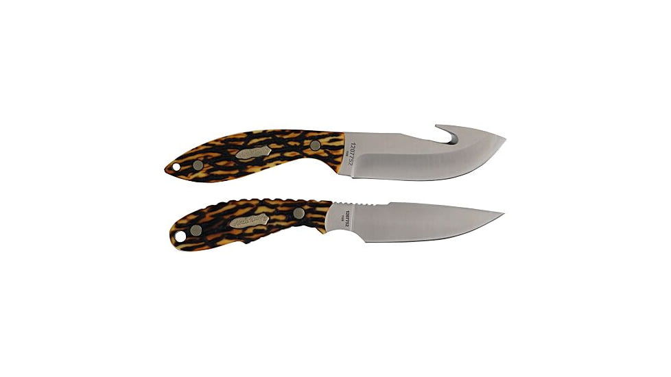 Uncle Henry 2-Piece Staglon Fixed Blade Knives w/Sheath, Stainless Steel Caper/Gut Hook Blades, Bone Staglon Handles, 1207752