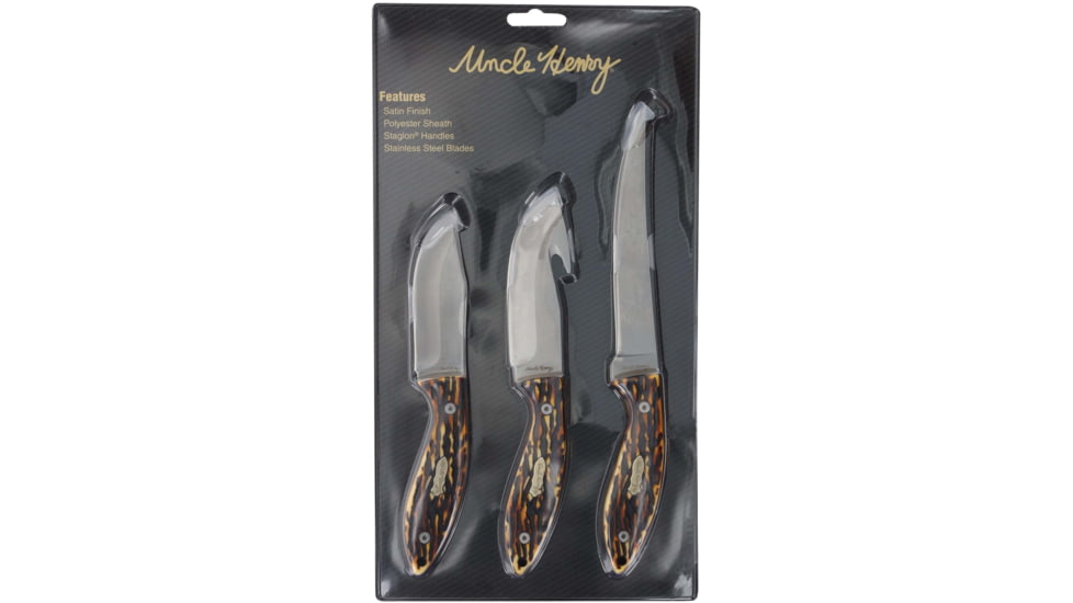 Uncle Henry Staglon 3 Knife Set w/Poly Sheath, 4.5in/4in/3.5in, Stainless Steel, Fixed Blade, Bone, Staglon Handle, 1183289