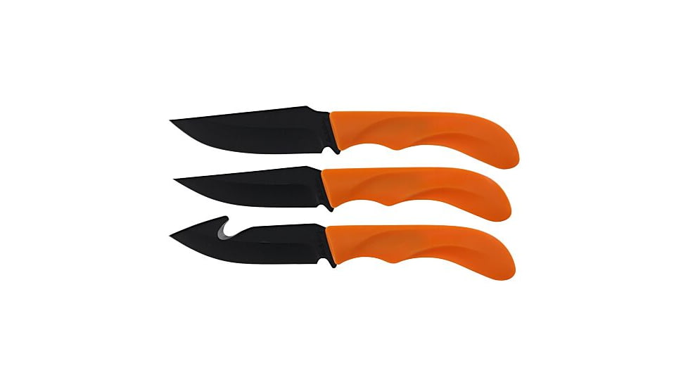 Uncle Henry 3-Piece Fixed Blade Knives w/Sheath, Stainless Steel, Caper/Gut Hook/Drop Point, Orange Polymer Handles, 1207753