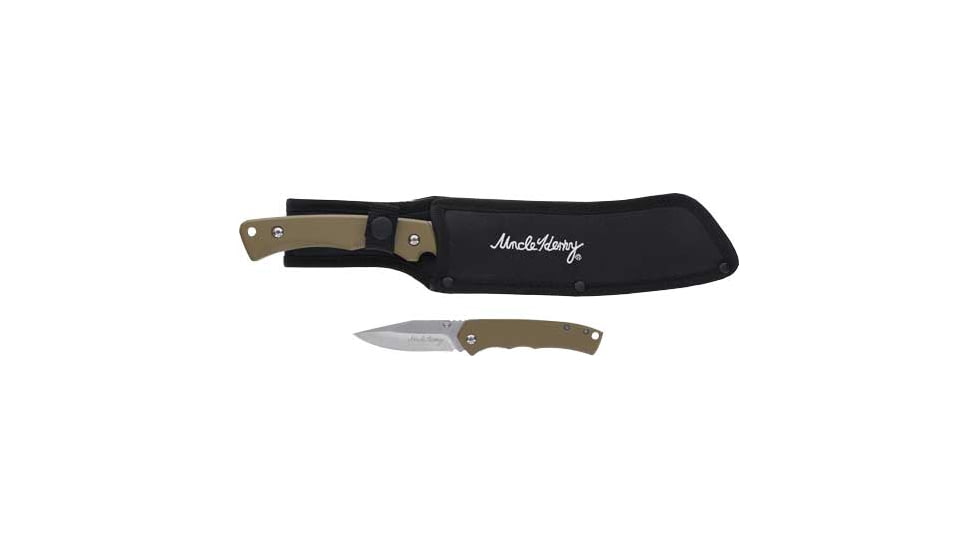 Uncle Henry 2 Folding &amp; Fixed Knife Set, 7in/3in, Stainless Steel, Fixed/Folding Blade, Brown, Polymer Handle, 1183291