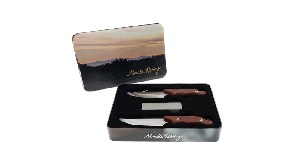 Uncle Henry Guthook &amp; Drop Point Knife Set w/Tin, 4in/3.75in, Stainless Steel, Fixed Blade, Brown, Pakka Wood Handle, 1183273