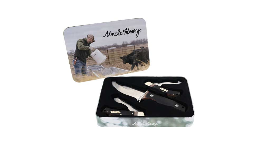 Uncle Henry Sawcut 3 Piece Knife Combo w/Poly Sheath, 3.5in/3in, Stainless Steel, Folding/Fixed Blade, Black/Brown, Composite Handle, 1183281