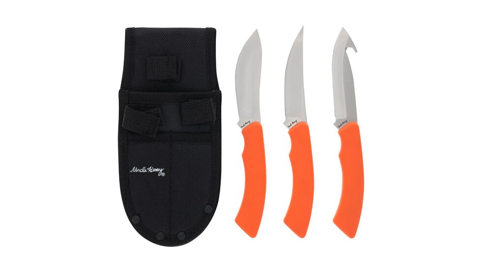 Uncle Henry UH Hunter Fixed Blade Knife Combo, 3.4in, Stainless Steel Blades, Orange Thermoplastic Rubber Handles, 1227080