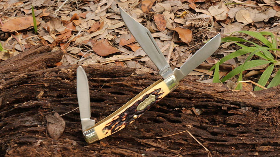 Uncle Henry Uncle Henry 885UH Sr. Rancher Next Gen Folding Knife, 3in 7Cr17 HC Stainless Steel Clip Point, Sheepfoot and Clip Spay Blade , Staglon Handle, Sliver, 1136003
