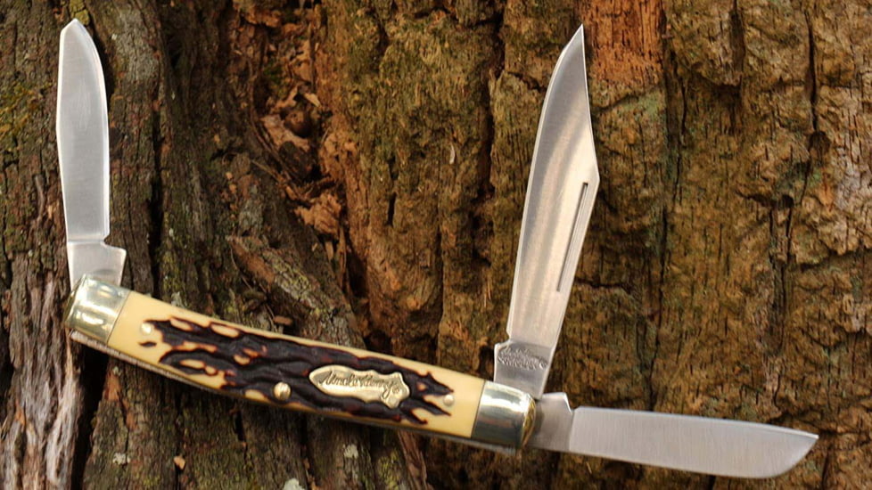 Uncle Henry Uncle Henry 885UH Sr. Rancher Next Gen Folding Knife, 3in 7Cr17 HC Stainless Steel Clip Point, Sheepfoot and Clip Spay Blade , Staglon Handle, Sliver, 1136003